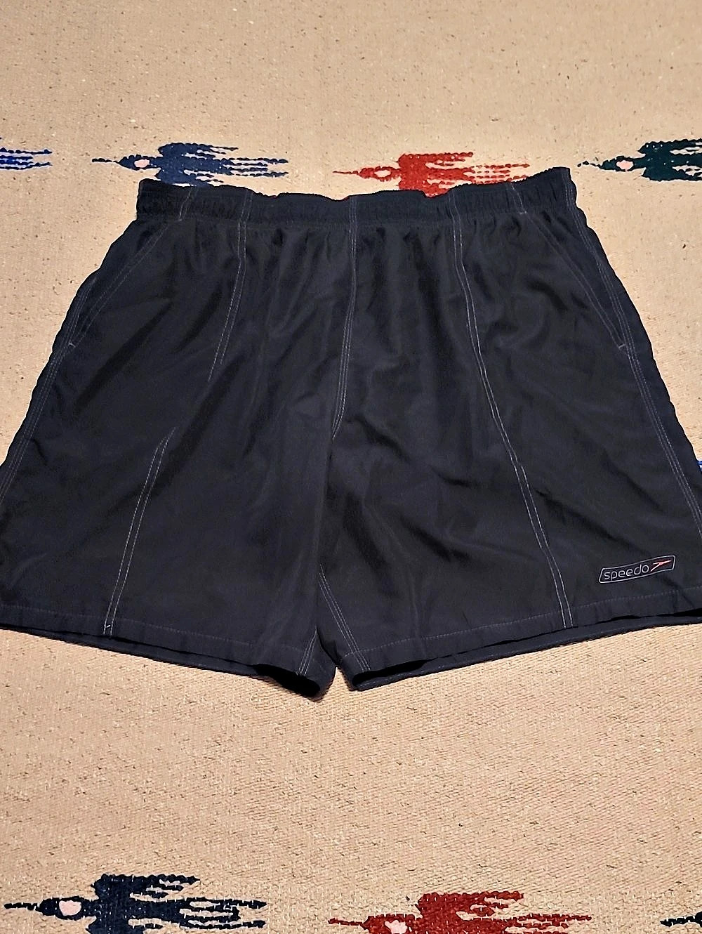 NWOT Speedo Men's Swim Trunks Blackwoth Red Accents and White Seamed Detail